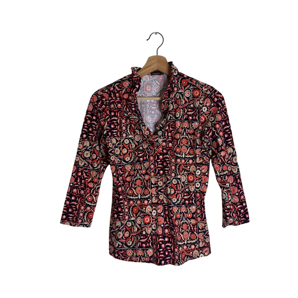 J.McLaughlin Women's Catalina Cloth Floral Ruffle Neck Top Red Navy XS